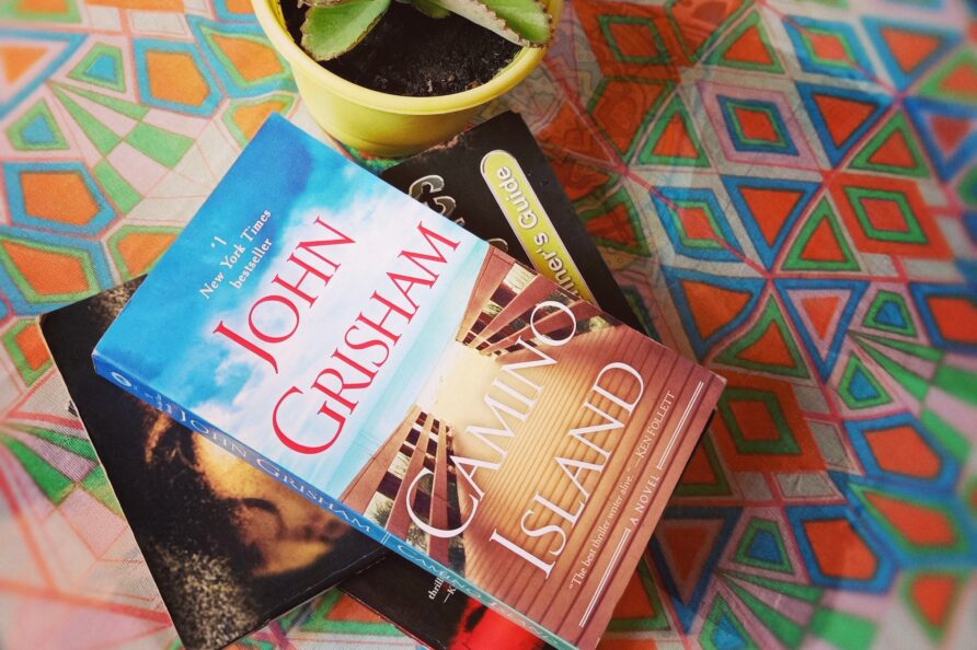 Detail shot of reading table with John Grisham books and cactus plant, emphasizing tranquility in the VIP Executive Suite San Carlos resort.