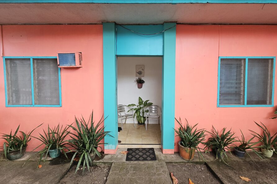 Colorful, private entrance to the Backpacker Room, featuring tropical plants and secure access.