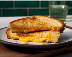 The Ultimate Comfort Food. Thick slices of real cheddar cheese, grilled until molten and golden brown. Customize yours by adding our wonderful bacon. A quick, high-quality reward after your drive! Gourmet Grilled Cheese Sandwich with bacon and dill pickle at the seaside pub near San Carlos City